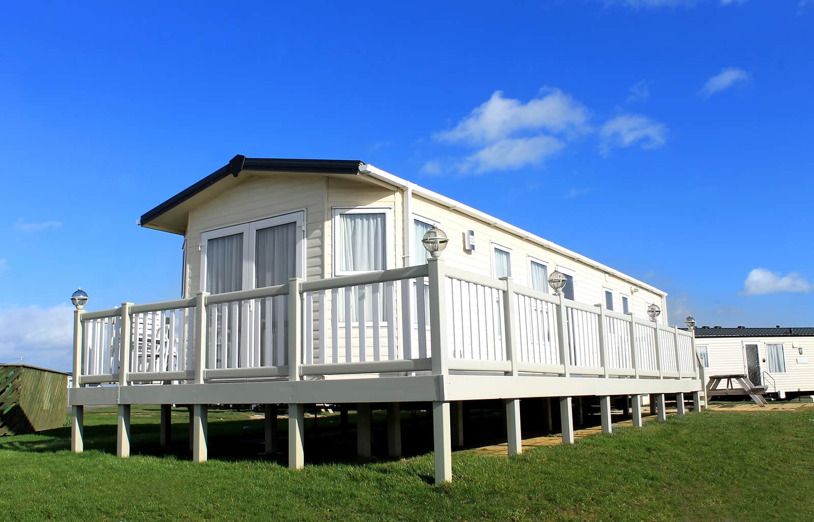 Exterior of static home on caravan site in Filey, England.